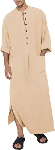 Vista 7 de Jacansi Bata de algodón con botones para hombre, manga larga, caftán, thobe, camisa casual para playa 01-Blanco