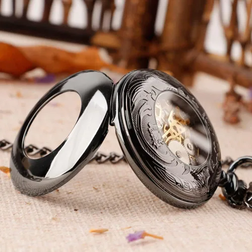 Vista 5 de Alwesam Reloj de bolsillo mecánico mano viento números romanos hombres steampunk con caja de cadena