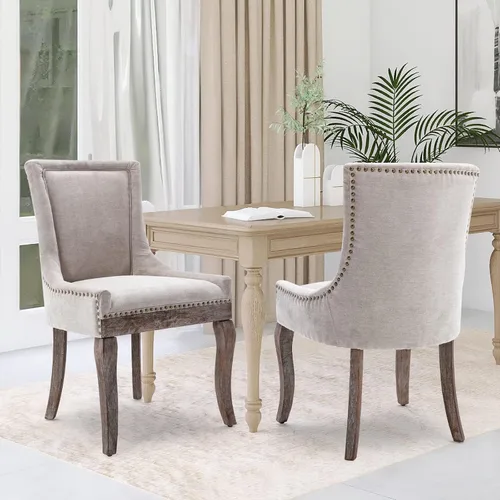 Vista 2 de Juego de 2 sillas de comedor, sillas tapizadas de cocina y comedor, sillas de tela gruesa con patas de madera maciza de tonos neutros, cabeza