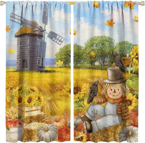 Vista 30 de Divertidas cortinas opacas de calabaza y espantapájaros para sala de estar, rústicas de otoño, hojas de arce, girasol, cosecha de otoño, puesta