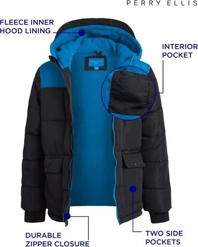 Vista 2 de Perry Ellis Abrigo de invierno para niños - Abrigo rompevientos acolchado con burbujas con forro polar Talla 4-20