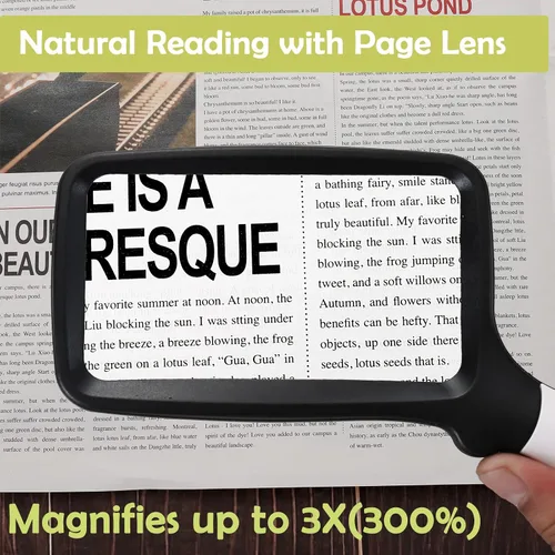 Vista 2 de Lupa de mano plegable con luz YUGYUJ, lupa iluminada de 3 aumentos con gran rectángulo y LED regulable para degeneración macular, lectura