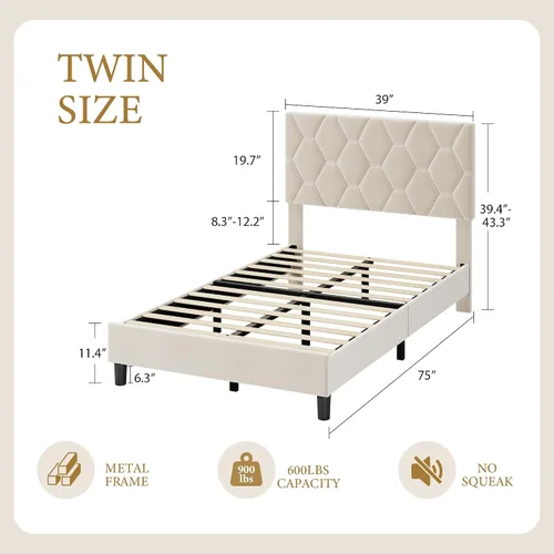 Vista 2 de GarveeHome Marco de Cama de Plataforma Tamaño Twin con Cabecera Tapizada y Soporte de Listones de Madera, Base de Colchón Tapizada/No Necesita Beige