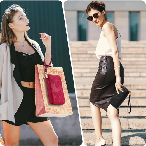 Vista 9 de Espera Cartera de mujer con bloqueo RFID de gran capacidad, tarjetero con doble cremallera, de cuero, con cartera para mujer con correa