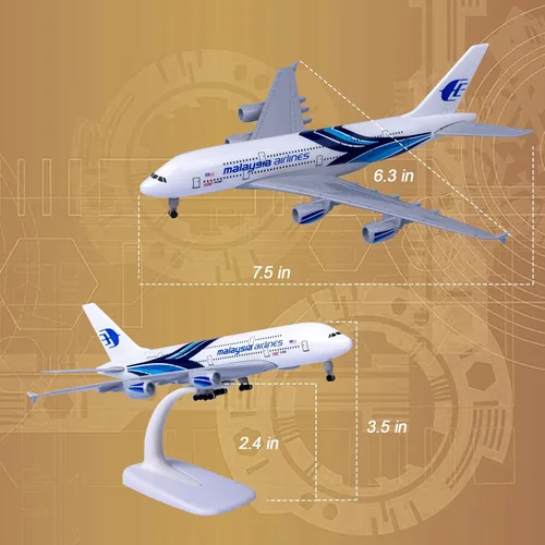 Vista 5 de Modelo Avión Escala 1:300 Malasia Airbus 380 Modelo Avión Metal Aleación Diecast Plane para Regalo y Decoración