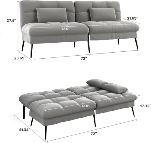 Vista 2 de COMHOMA Sofá cama convertible, sofá de tela de 68 pulgadas con respaldo ajustable, sofá biplaza reclinable, sofá cama, muebles de sala de estar