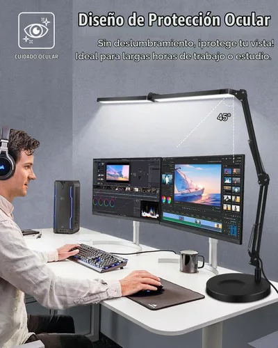 Vista 6 de Toolour Lámparas LED de escritorio para oficina en casa 2 en 1 lámpara de escritorio de doble cabezal con base de abrazadera, control remoto, clip