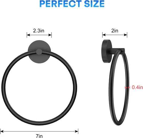 Vista 2 de Portatollas de Mano Atornillable Negro Mate Anillo para Toallas para Pared de Baño de Acero Inoxidable Colgador de Toallas Redondo para Accesorios