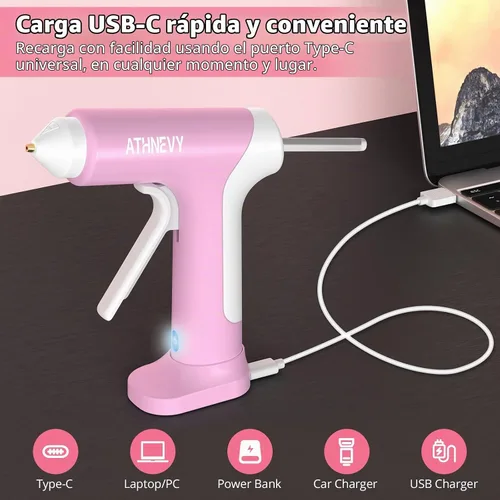 Vista 5 de Pistola de pegamento caliente inalámbrica de 4V 20W, precalentamiento rápido de 10s, 30 mini barras de pegamento de 7x100mm, recargable tipo C Rosa