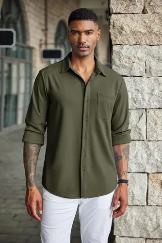 Vista 3 de COOFANDY Camisas casuales con botones para hombre, sin arrugas, camisas de vestir de manga larga