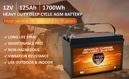 Vista 2 de Vmaxtanks Vmaxslr125 AGM, batería recargable SLA de ciclo profundo, 12 v, 125ah, para usar con paneles solares Pv, cargadores inteligentes, turbinas