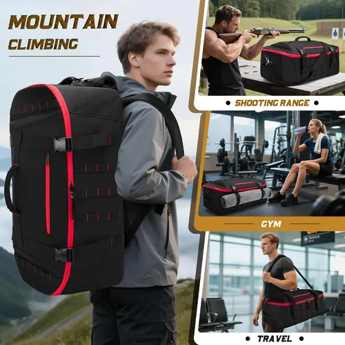 Vista 6 de Bolsa de lona táctica de 65 L con correas de mochila, bolsillo húmedo y divisores desmontables, mochila de lona para viajes, deportes y militares