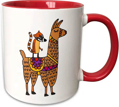 Vista 12 de 3dRose Cute Funny Coati Mundi Riding Llama cartoon 11oz Two-Tone Black Mug