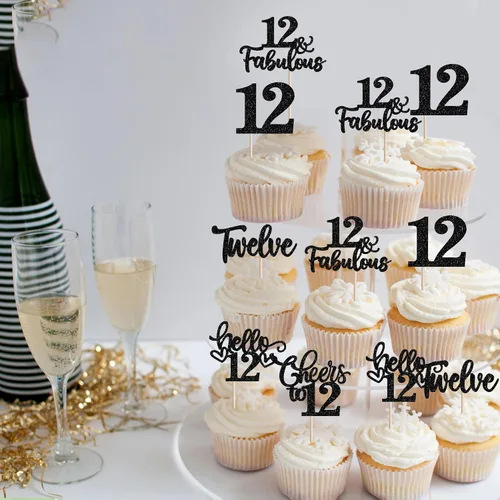 Vista 6 de 30 piezas de adornos para cupcakes de 12 cumpleaños feliz, brillantes doce, hola 12, felicitaciones a 12 años, adornos para cupcakes, 12