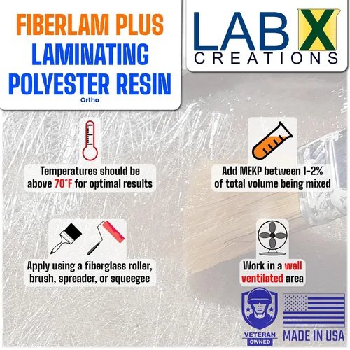 Vista 3 de FIBERLAM Plus 1-10G Resina de poliéster 1-10 galones +endurecedor MEKP; revestimiento de baja viscosidad para laminado de estera/biaxial/tela