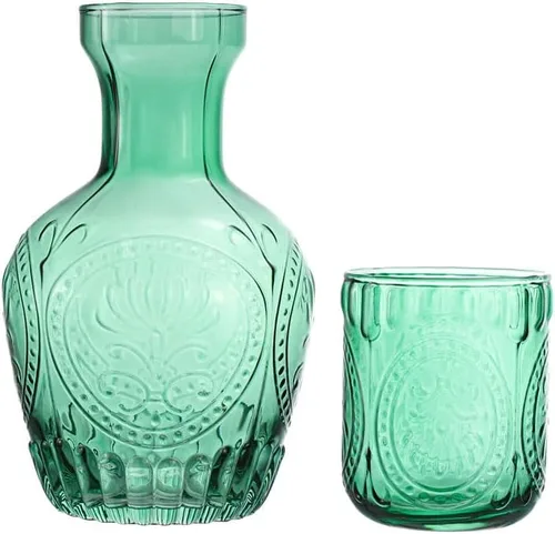 Vista 7 de Jarra de agua de noche de cristal retro en relieve con vaso, jarra y taza de noche, color verde
