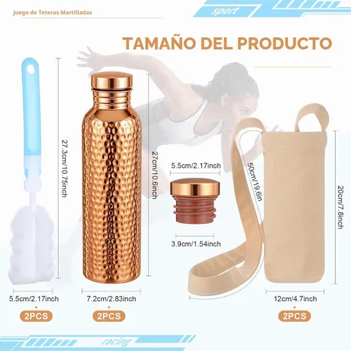 Vista 2 de LemonRoad - Juego de 2 botellas de agua de cobre (34 onzas/1000 ml) Hammered Health