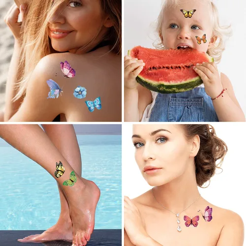 Vista 5 de Tatuajes de mariposa para niños y mujeres, 100 calcomanías temporales de mariposa coloridas e impermeables para recuerdos de fiesta, regalos