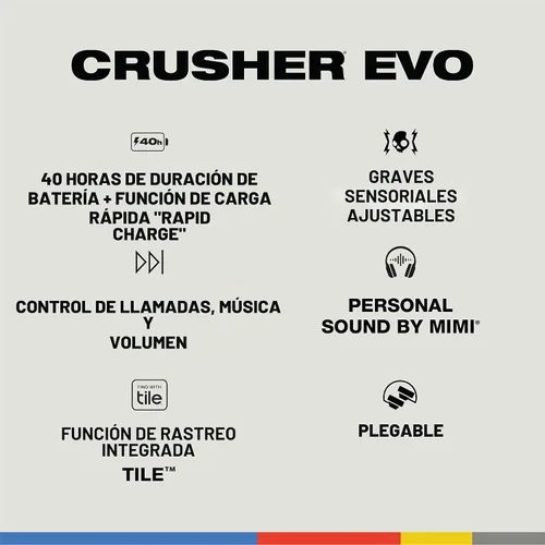 Vista 4 de Skullcandy Crusher Evo - Auriculares inalámbricos Bluetooth con cable de carga USB-C adicional, graves multisensoriales, aislamiento de ruido