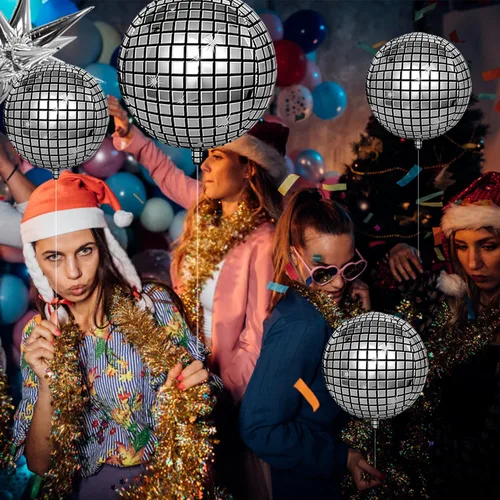 Vista 3 de 24 globos de bola de discoteca con 3 cortinas de flecos de aluminio, enormes globos de aluminio de estrella de explosión plateada para cumpleaños
