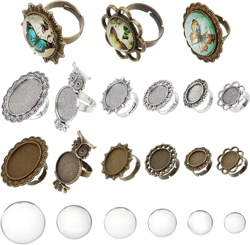 Vista 8 de SUNNYCLUE Juego de 24 piezas de anillos ajustables mixtos, cabujones, kit de fabricación de joyas, ajuste de anillo de dedo, cabujones de cristal