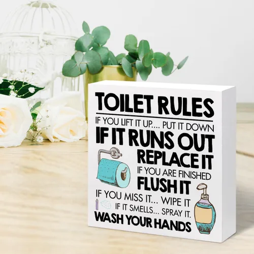 Vista 6 de Toilet Rules - Cartel divertido de madera para baño, placa de bloque de madera para el hogar, baño, estante de pared, decoración de inodoro Bartroom