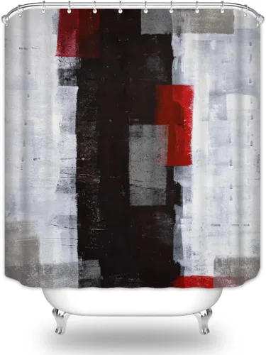 Vista 4 de Cortina de ducha negra y roja, pintura abstracta gris, geometría de pared blanca, líneas modernas, obras de arte geniales, tela de poliéster
