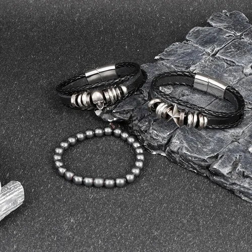 Vista 3 de MILAKOO 3 pulseras unisex punk retro góticas de cuero sintético con cuentas de hematita