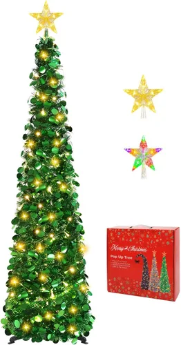 Vista 18 de MACTING Árbol de Navidad desplegable con 50 luces LED con temporizador, 5 pies, árbol de lápiz de oropel plegable de fácil montaje, árbol artificial