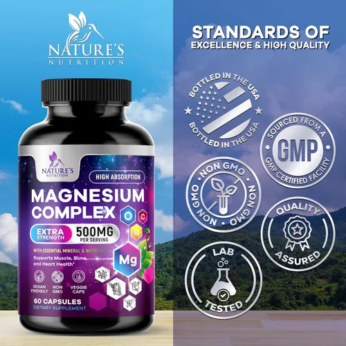 Vista 4 de Suplemento de complejo de magnesio – Magnesio 500 mg por porción – Mezcla 4 en 1 de alta absorción – Glicinato de magnesio 100% quelado con malato