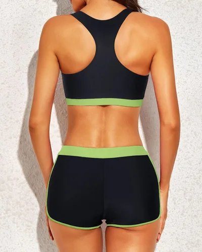 Vista 5 de Yonique Traje de baño tankini atlético de 3 piezas para mujer con pantalones cortos, camisetas sin mangas con brasier deportivo y pantalones cortos