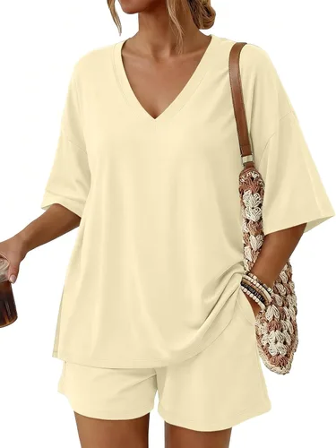 Vista 7 de Trendy Queen Conjunto corto de 2 piezas para mujer, conjuntos de descanso de verano 2026 rosa gris pardo