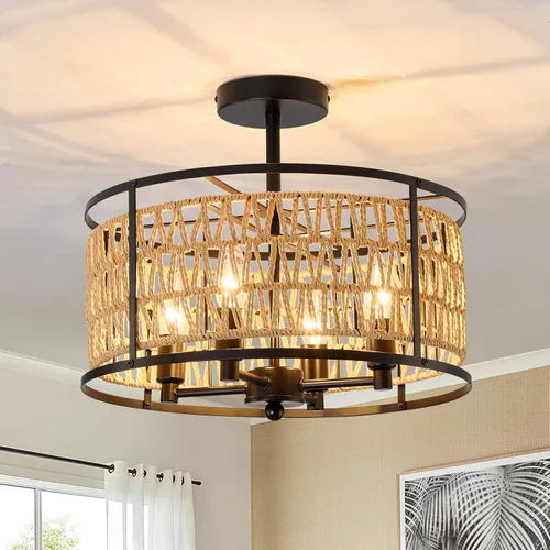Vista 10 de Lámpara de techo de ratán de 3 luces, de 11 pulgadas, estilo bohemio, semiempotrada, lámpara de techo negra tejida a mano para casa de campo
