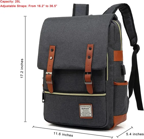 Vista 7 de UGRACE - Mochila vintage para portátil con puerto de carga USB, elegante mochila de viaje resistente al agua, mochilas casuales para hombres y Negro