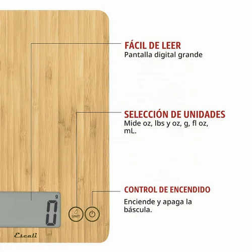 Vista 3 de Escali Arti balanza digital hasta 15 libras/7 kilogramos, Bambú natural