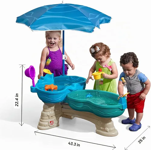 Vista 7 de Step2 Mesa de agua marítima para derrame y salpicadura, juego sensorial de dos niveles para actividades de agua y arena, viene con paraguas