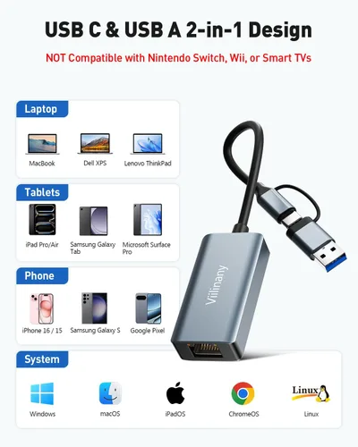 Vista 6 de Adaptador USB a Ethernet, Gigabit Ethernet a USB C, adaptadores de red Rj45 a USB, adaptador Ethernet de 1000 mbps, compatible con laptop, MacBook