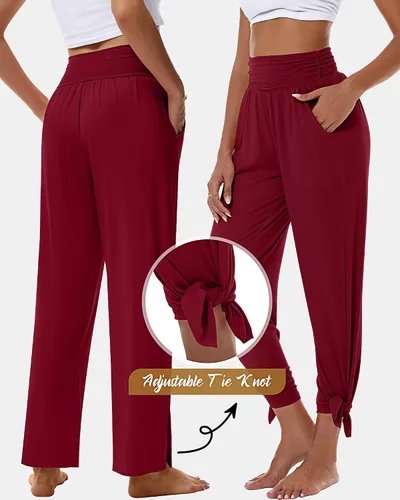 Vista 4 de 3 piezas de pantalones de yoga de pierna ancha para mujer, pantalones de descanso de cintura alta con bolsillos, pantalones deportivos de yoga