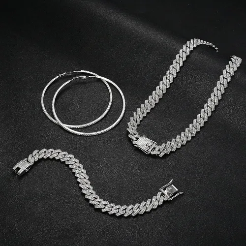 Vista 3 de Krfy Cuban Link Chain Necklace Bracelet Rhinestone Hoop Earrings Set Bling Necklace Bracelet Crystal Big Circle Earrings for Women Girls