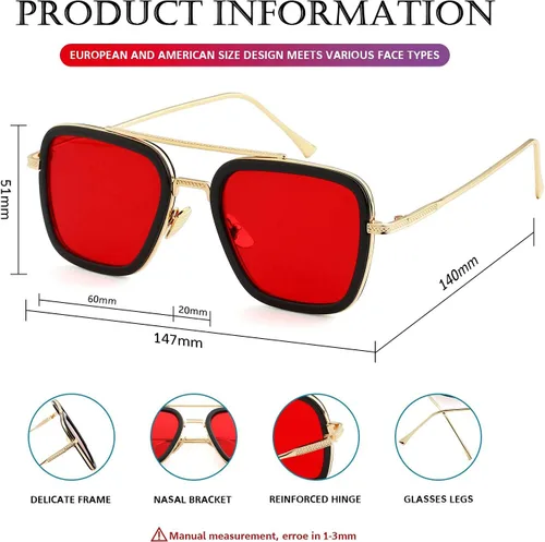 Vista 7 de PORADAY Tony Stark - Gafas de sol Iron Man con marco de metal cuadrado vintage