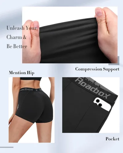 Vista 4 de Roadbox Pantalones cortos de compresión de elastano para mujer, pantalones cortos de voleibol de 3"5" con bolsillosin bolsillo, secado rápido