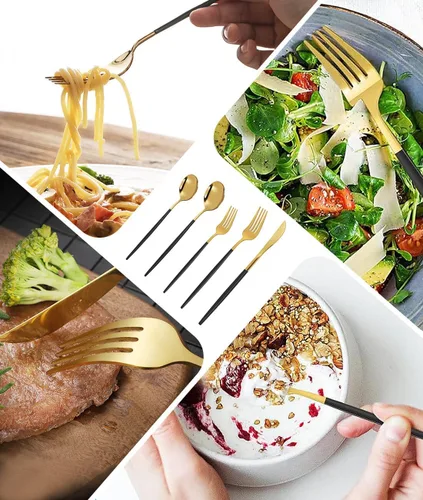 Vista 8 de Kawlity Cubiertos de acero inoxidable duraderos negros y dorados pulidos, cucharas, tenedores, 30 piezas, utensilios de mesa, para cocina