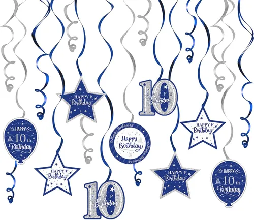 Vista 67 de Decoración de fiesta de serpentinas con purpurina azul y plateada de feliz 11º cumpleaños, 15 piezas de remolinos colgantes de 11 cumpleaños, cartel