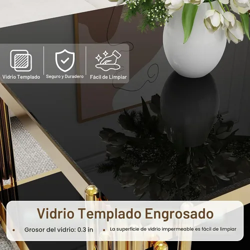 Vista 4 de Mesa de centro de cristal negro de 43 pulgadas, mesa moderna para sala de estar, acero inoxidable dorado, patas de metal, rectangular, de vidrio