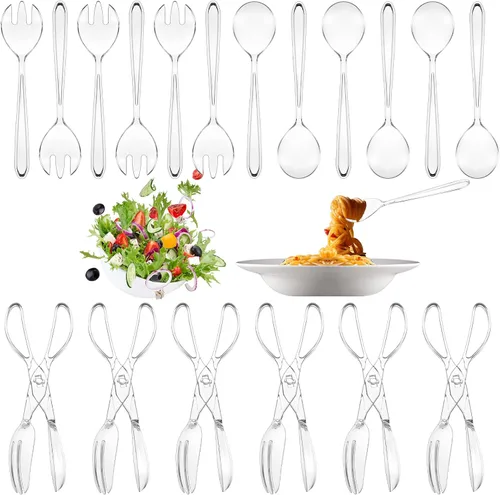 Vista 8 de Juego de 18 utensilios de plástico desechables de 9 pulgadas, incluye cucharas, tenedores de servir, pinzas para cumpleaños, bodas, fiestas, bufé