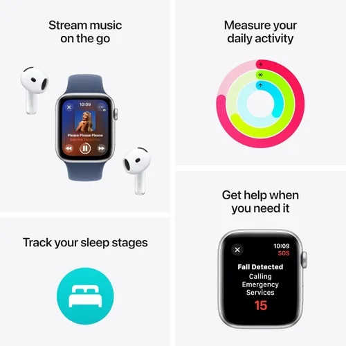 Vista 3 de Apple Watch SE (2.ª generación) [GPS 1.575 in] Smartwatch con caja de aluminio plateado con bucle deportivo azul invierno. Monitor de fitness