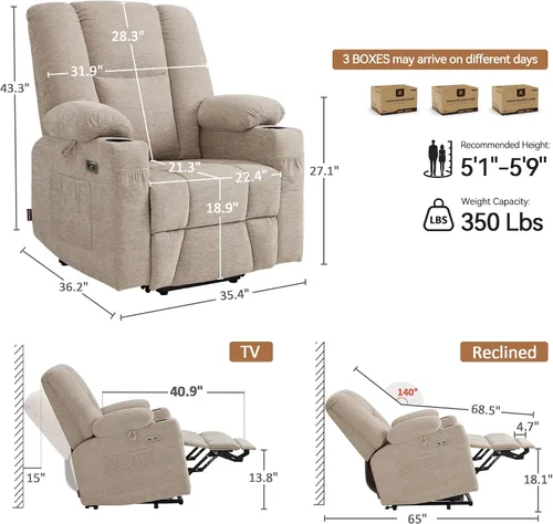 Vista 3 de MCombo Silla reclinable Power Lift con bolsa de aire masaje y calor 7507 Beige