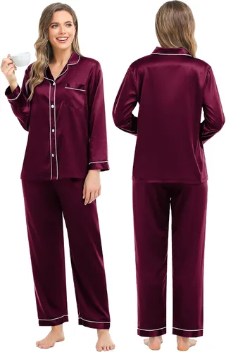 Vista 2 de SWOMOG Couples Silk Satin Pajamas Sets Long Sleeve Sleepwear 2-Piece Pjs Set Button-Down Loungewear Comfy Nightwear