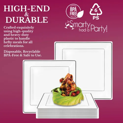 Vista 4 de Smarty Had A Party Elegante juego de vajilla desechable de plástico resistente, platos cuadrados de plástico, para bodas, cumpleaños y todas