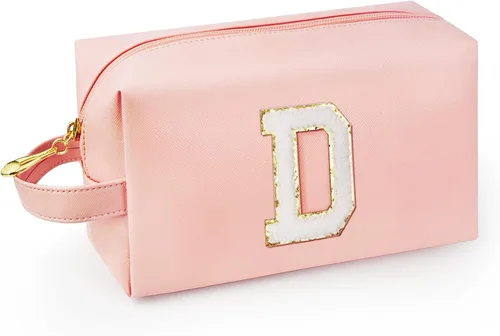 Vista 41 de Bolsa de maquillaje personalizada con inicial con asa, bolsa de cosméticos de preparación con bolsillo interior con cremallera, 8, 9, 10, 11, 12 Rosa